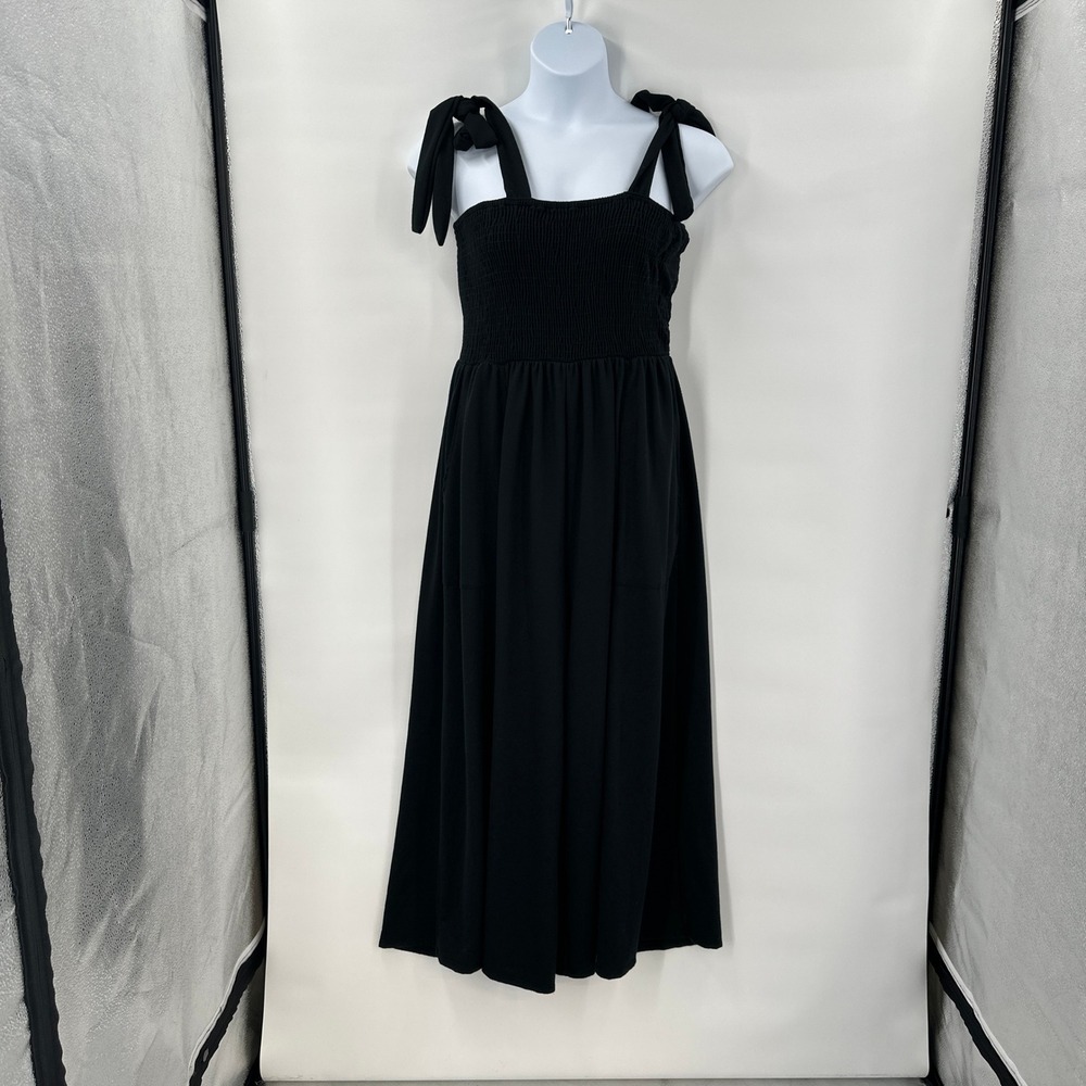 Three Bird Nest Black Smocked Bodice Tie-Strap Maxi Dress
